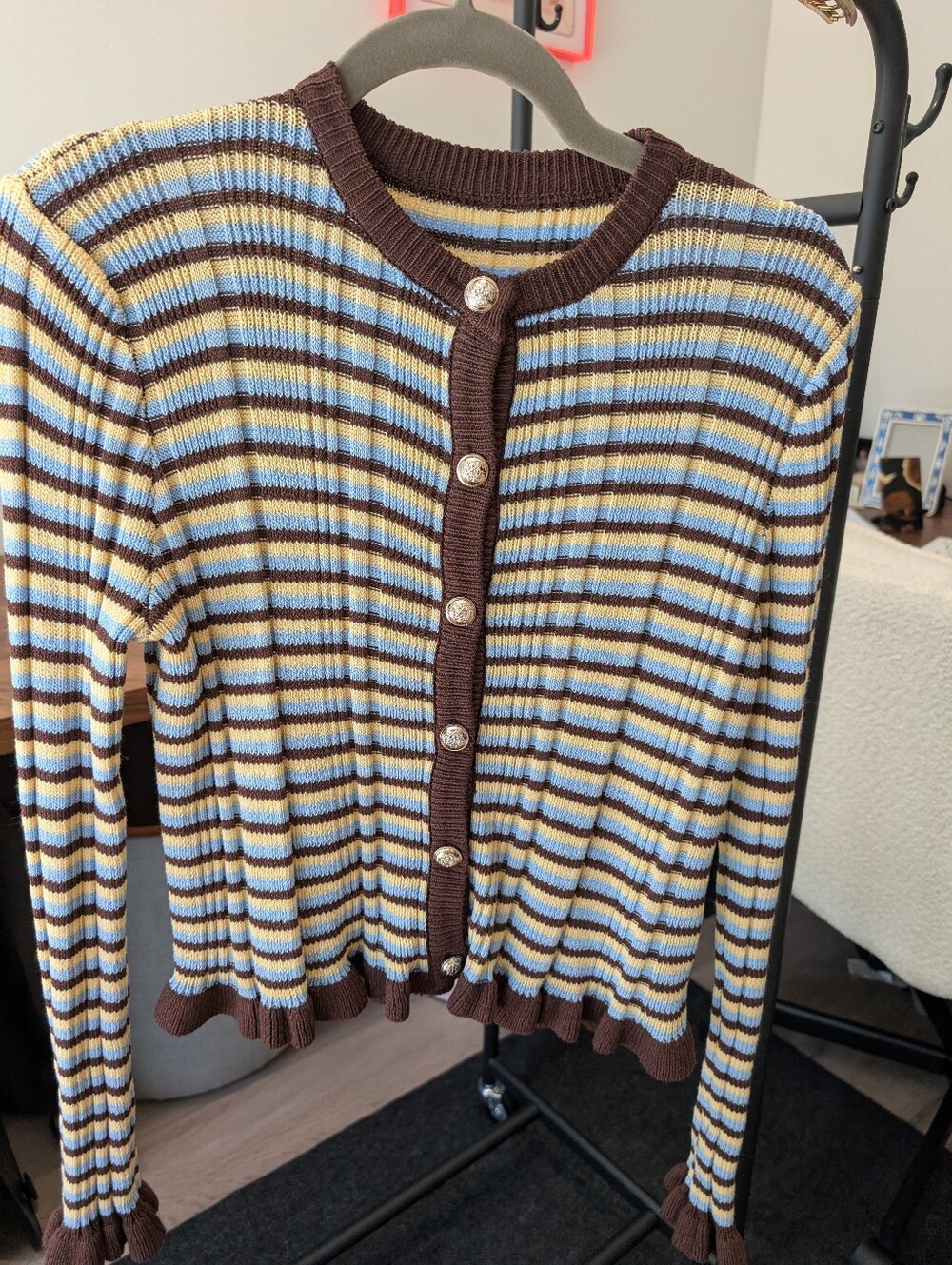 SHEIN Ribbed Striped Cardigan in Brown, Blue & Cream